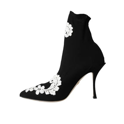 Dolce & Gabbana Black White Embroidery Slip On Boots Shoes