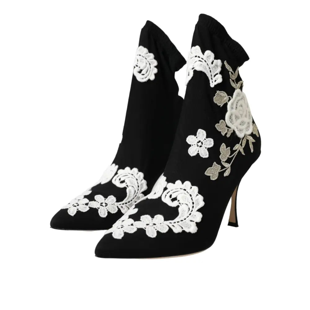 Dolce & Gabbana Black White Embroidery Slip On Boots Shoes
