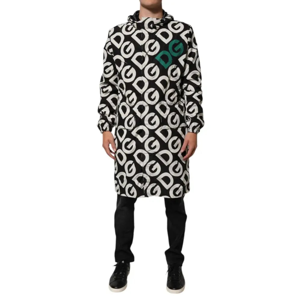 Dolce & Gabbana Black White Logo Print Hooded Coat Men Jacket