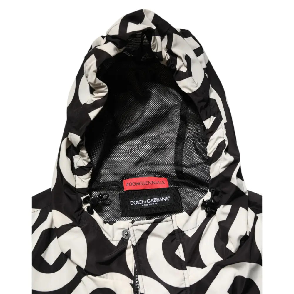 Dolce & Gabbana Black White Logo Print Hooded Coat Men Jacket