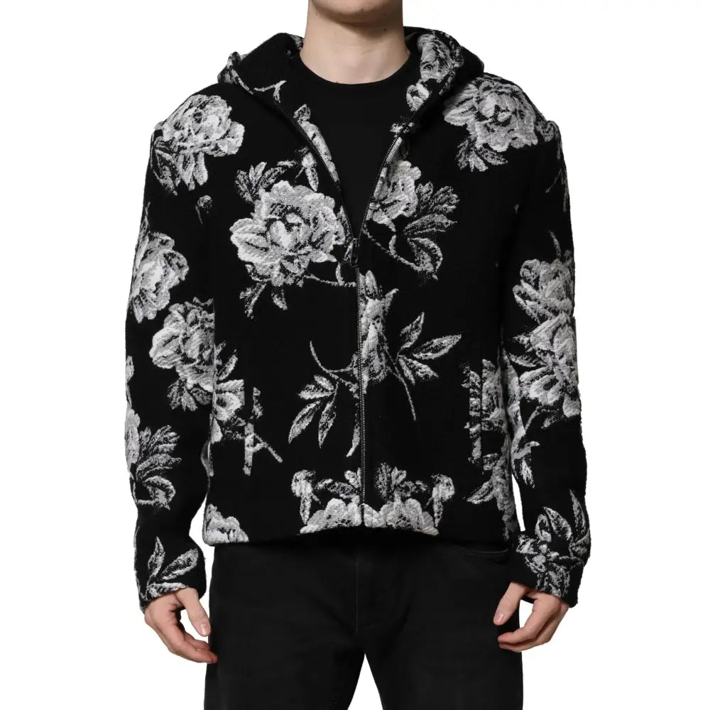Dolce & Gabbana Black Wool Floral Printed Men Hooded Jacket