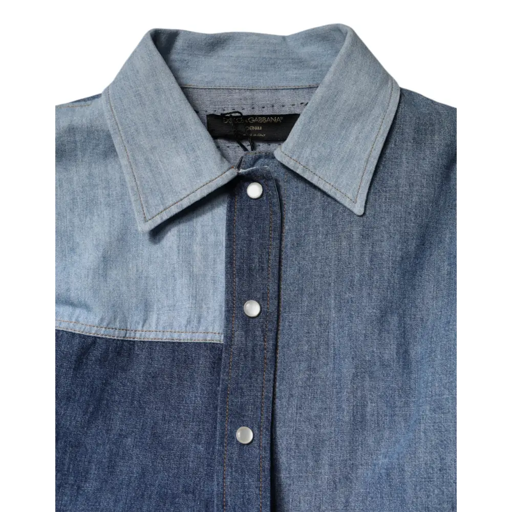 Dolce & Gabbana Blue Cotton Button Up Collared Long Sleeve Top - Skjorte