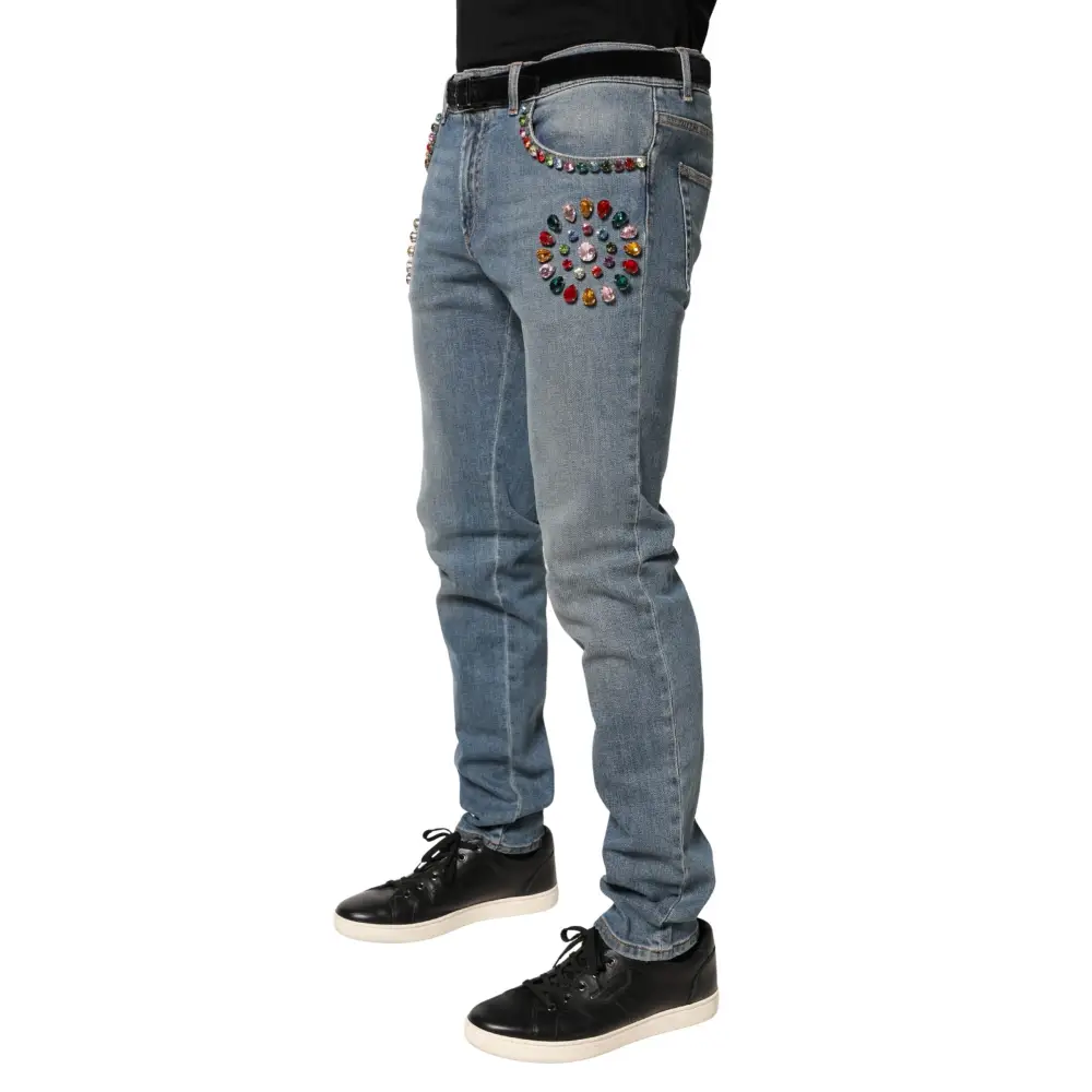 Dolce & Gabbana blue embellished loose cotton jeans med farverige stenpynt på lommen