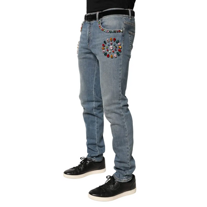 Dolce & Gabbana blue embellished loose cotton jeans med farverige stenpynt på lommen