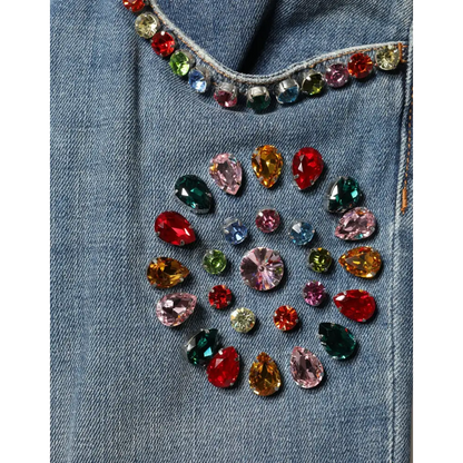 Dolce & Gabbana blue embellished loose cotton denim jeans with rhinestone neckline