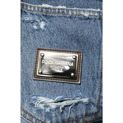 Dolce & Gabbana blå revnet bomuld logo denim jeans med metalplade