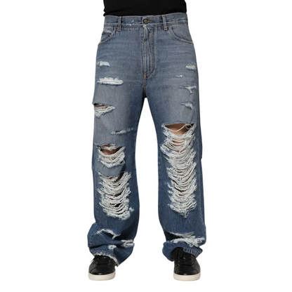 Distressed Dolce & Gabbana blue tattered cotton logo denim jeans med revner