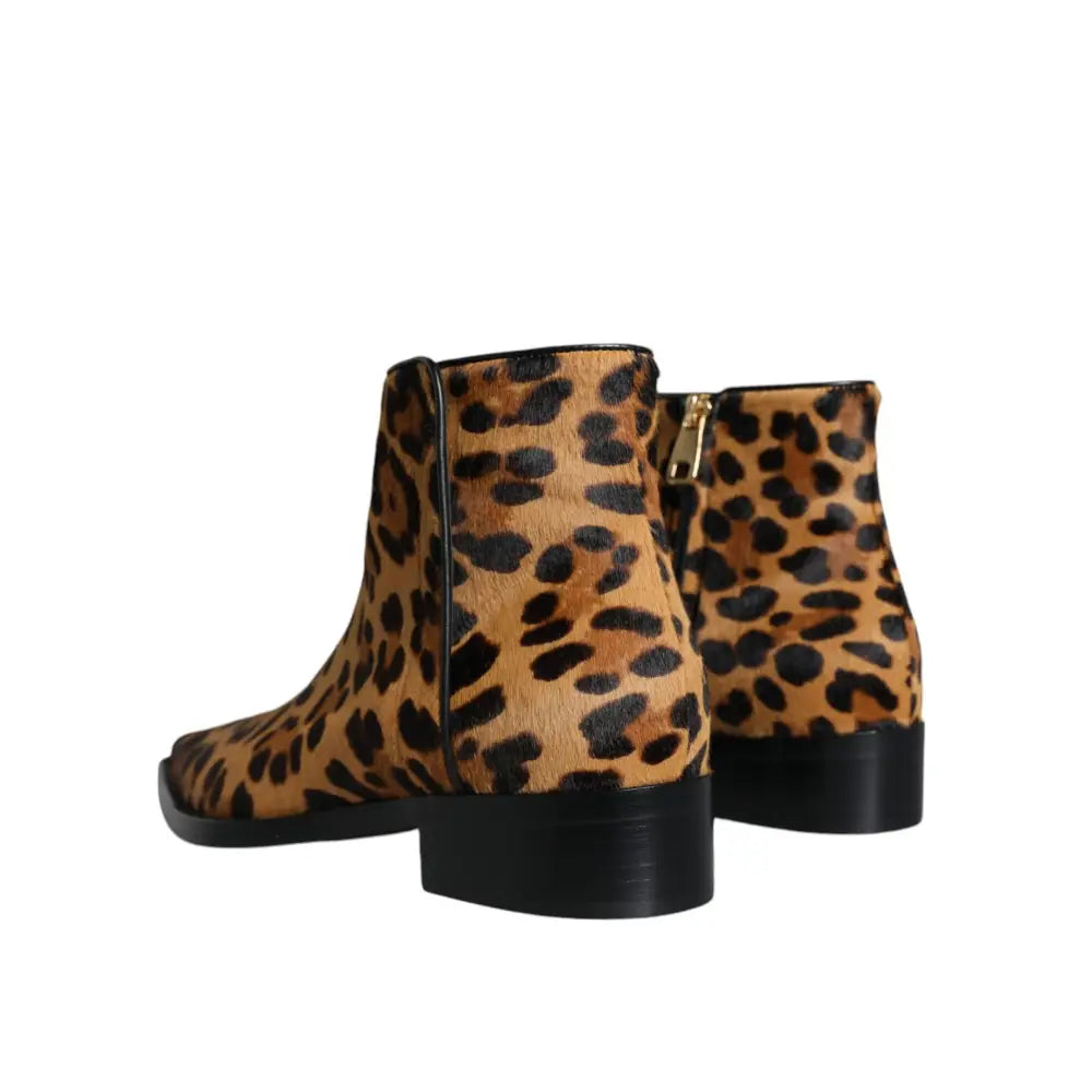 Dolce & Gabbana Brown Leopard Calf Fur Ankle Boots Shoes