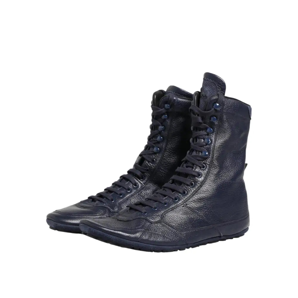 Dolce & Gabbana Dark Blue Deer Leather Mid Calf Boots Shoes