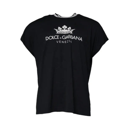 Dolce & Gabbana Dark Blue Logo Crown Cotton Crew Neck T-shirt