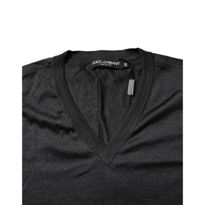 Dolce & Gabbana Dark Gray Silk V-neck Short Sleeves T-shirt