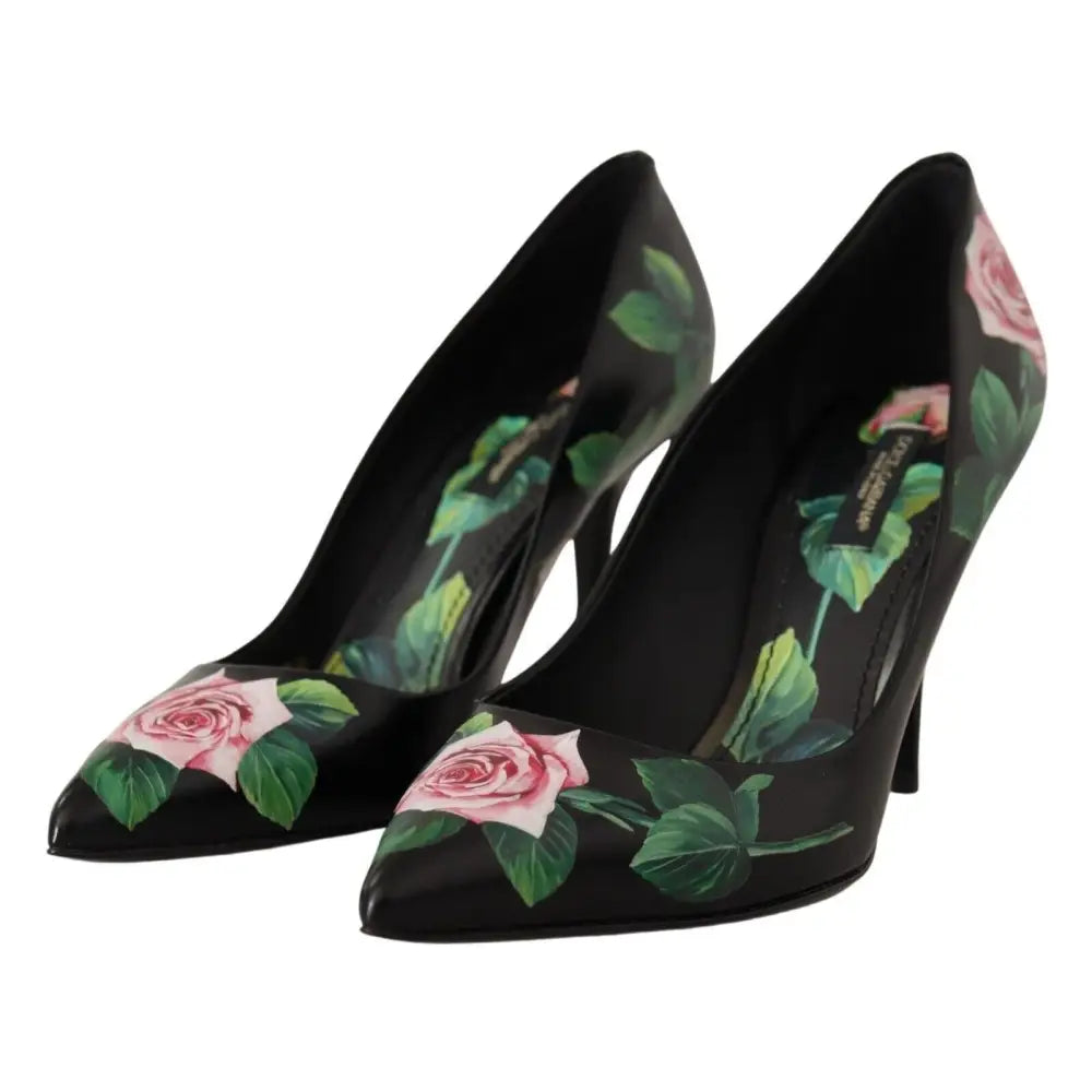 Dolce & Gabbana Elegant Black Rose Print Leather Heels