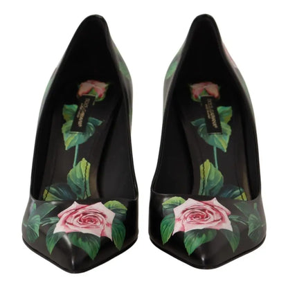 Dolce & Gabbana Elegant Black Rose Print Leather Heels