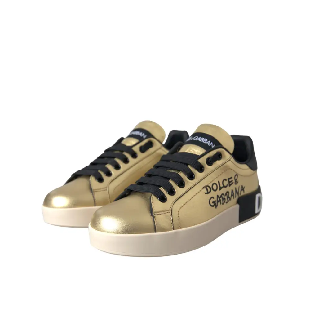 Gabbana gold Portofino calf leather sneakers i guld med sorte snørebånd