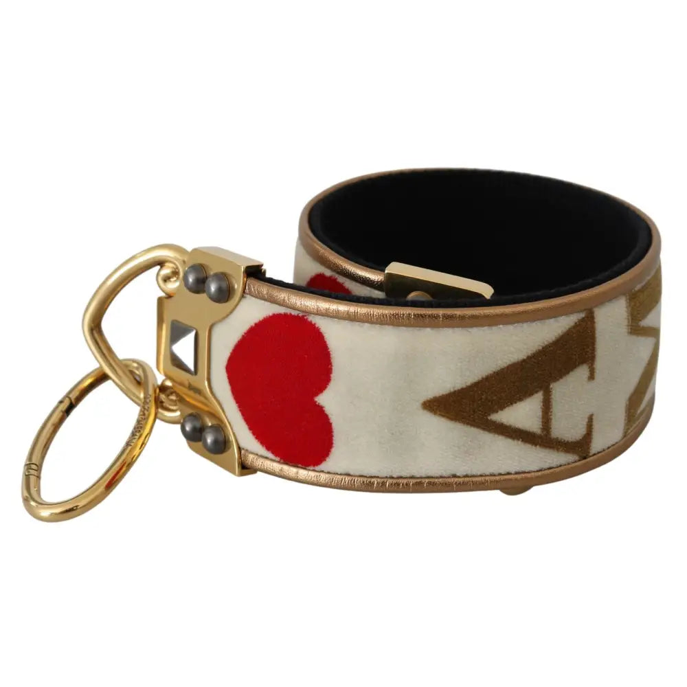 Dolce & Gabbana Gold White Textile Leather AMORE Shoulder Strap