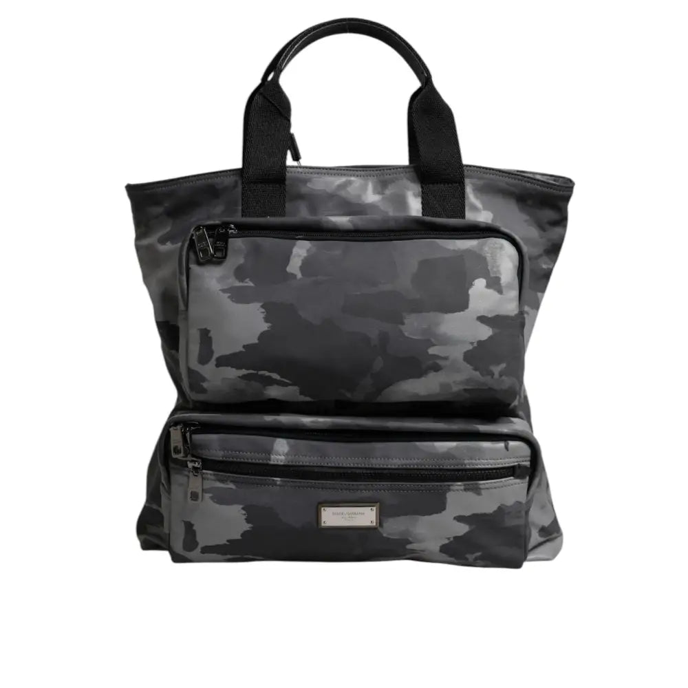 Dolce & Gabbana Gray Camo Cotton Multiple Compartments Tote Bag