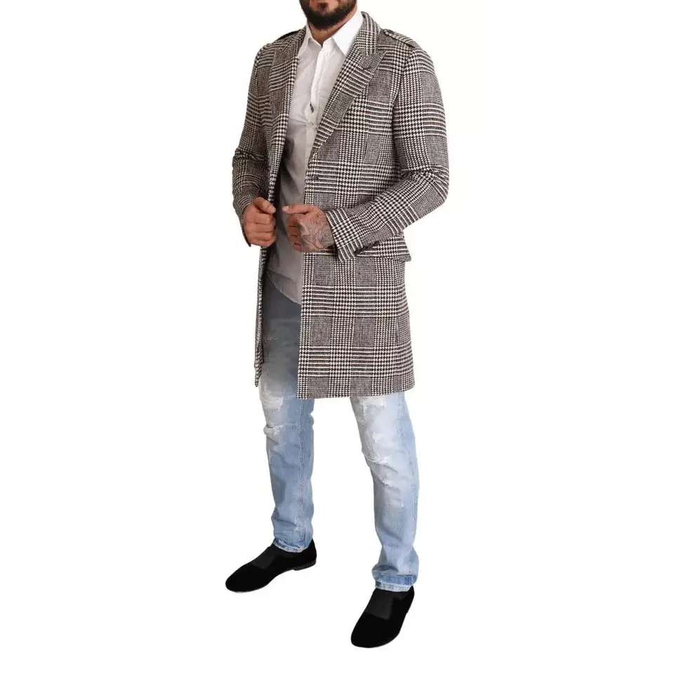 Stilfuld Dolce & Gabbana grå ternede trench coat i uldblandingsstoff