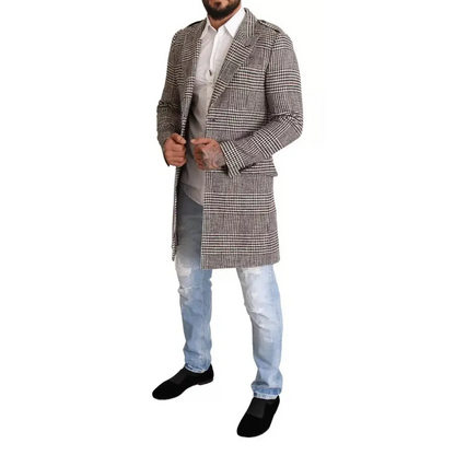 Stilfuld Dolce & Gabbana grå ternede trench coat i uldblandingsstoff