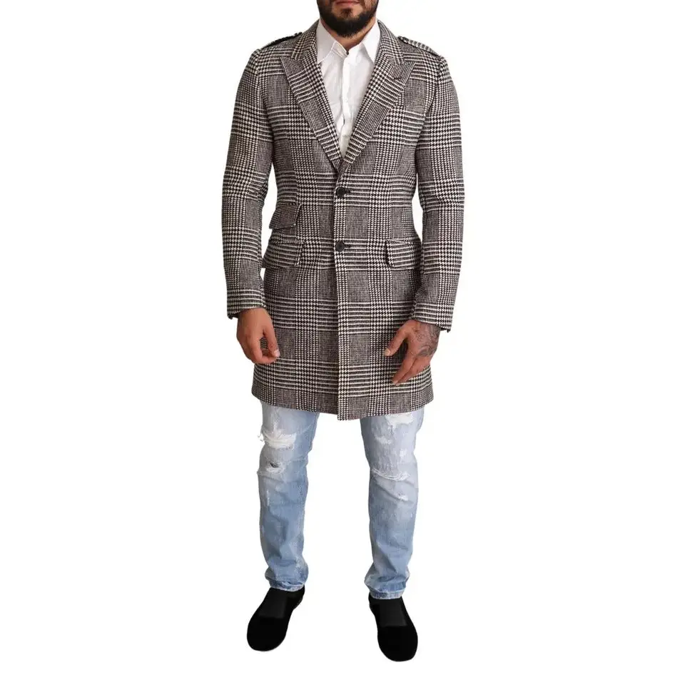 Dolce & Gabbana grå ternede trench coat i uld, outlet mærkevare