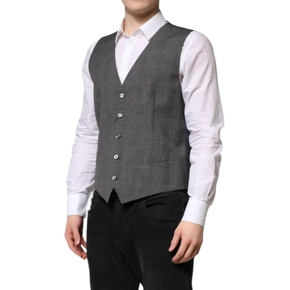 Dolce & Gabbana Gray Plaid Wool Formal Dress Waistcoat Vest