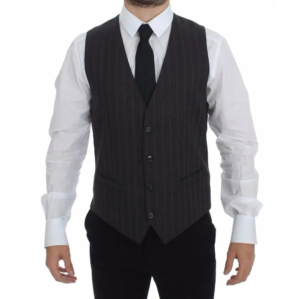 Dolce & Gabbana Gray Striped Wool Logo Vest Gilet Weste
