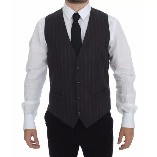 Dolce & Gabbana Gray Striped Wool Logo Vest Gilet Weste