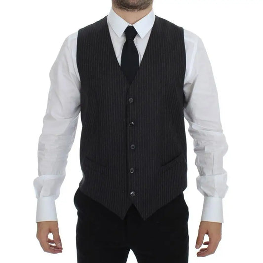 Dolce & Gabbana Gray Striped Wool Single Breasted Vest