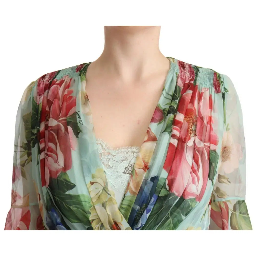 Dolce & Gabbana Green Floral Long Sleeves V-neck Midi Dress