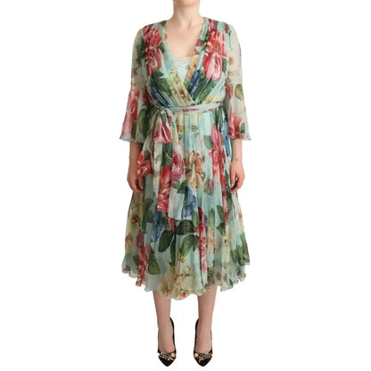 Dolce & Gabbana Green Floral Long Sleeves V-neck Midi Dress