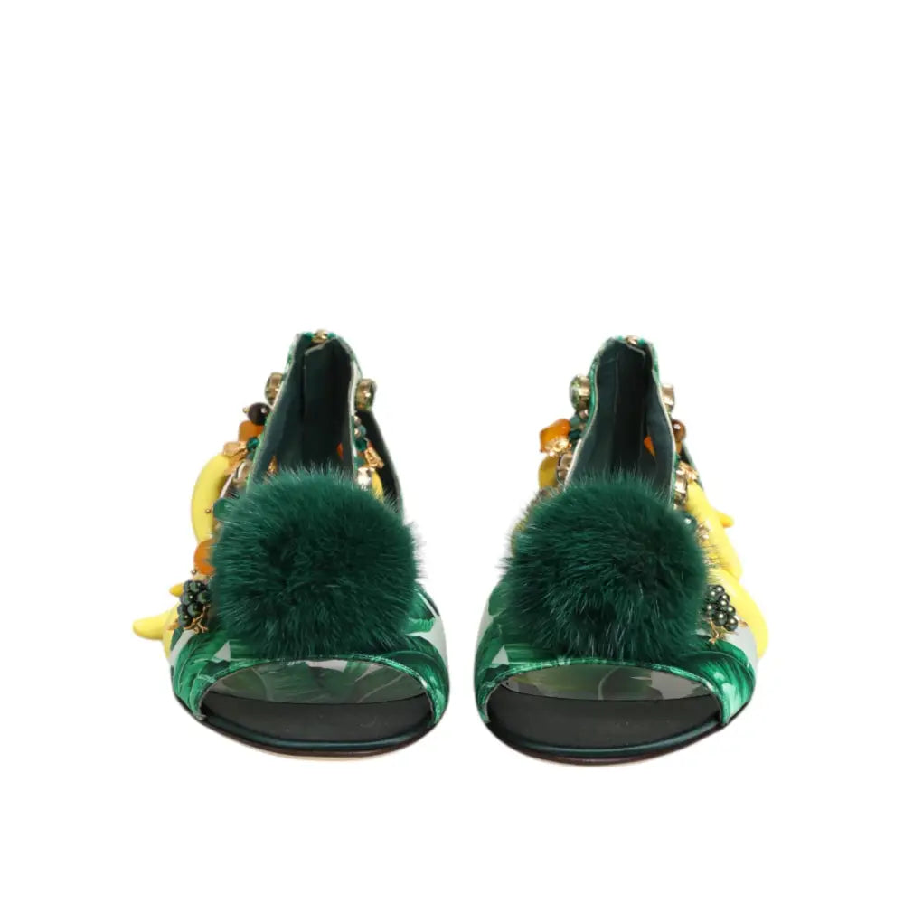 Dolce & Gabbana Green Mink Fur Satin Banana Leaf Sandals Shoes