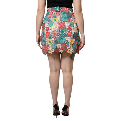 Dolce & Gabbana Multicolor Floral Lace High Waist Mini Skirt