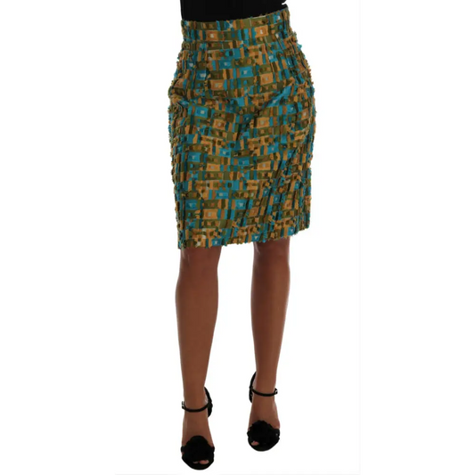 Dolce & Gabbana jacquard straight pencil skirt i teal, olivengrøn og sennep gul