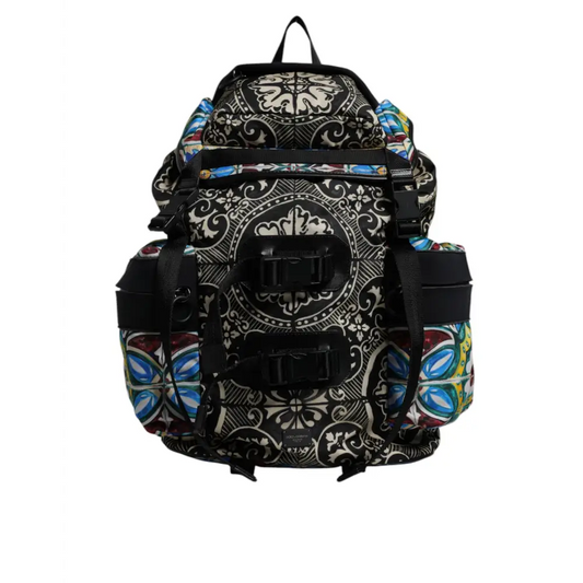 Dolce & Gabbana multicolor maiolica print nylon backpack in black and white with colorful accents