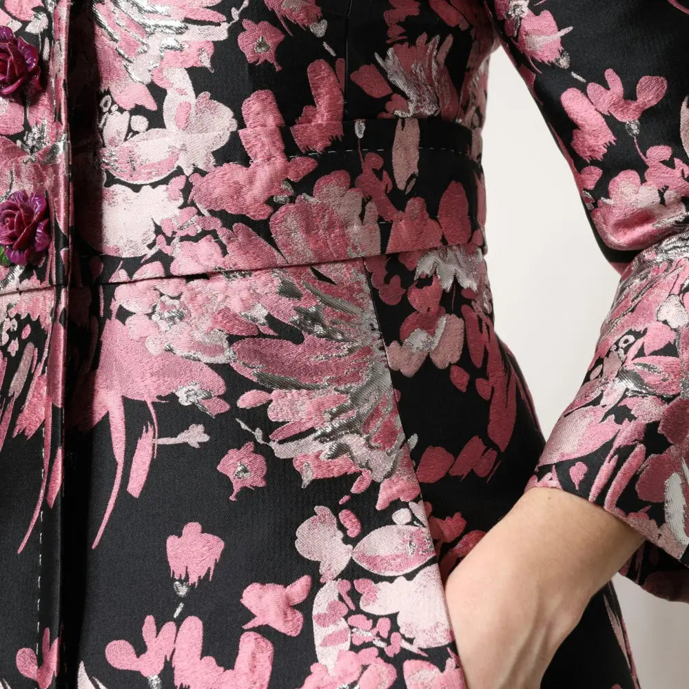 Dolce & Gabbana Pink Black Floral Brocade Trenchcoat Jacket