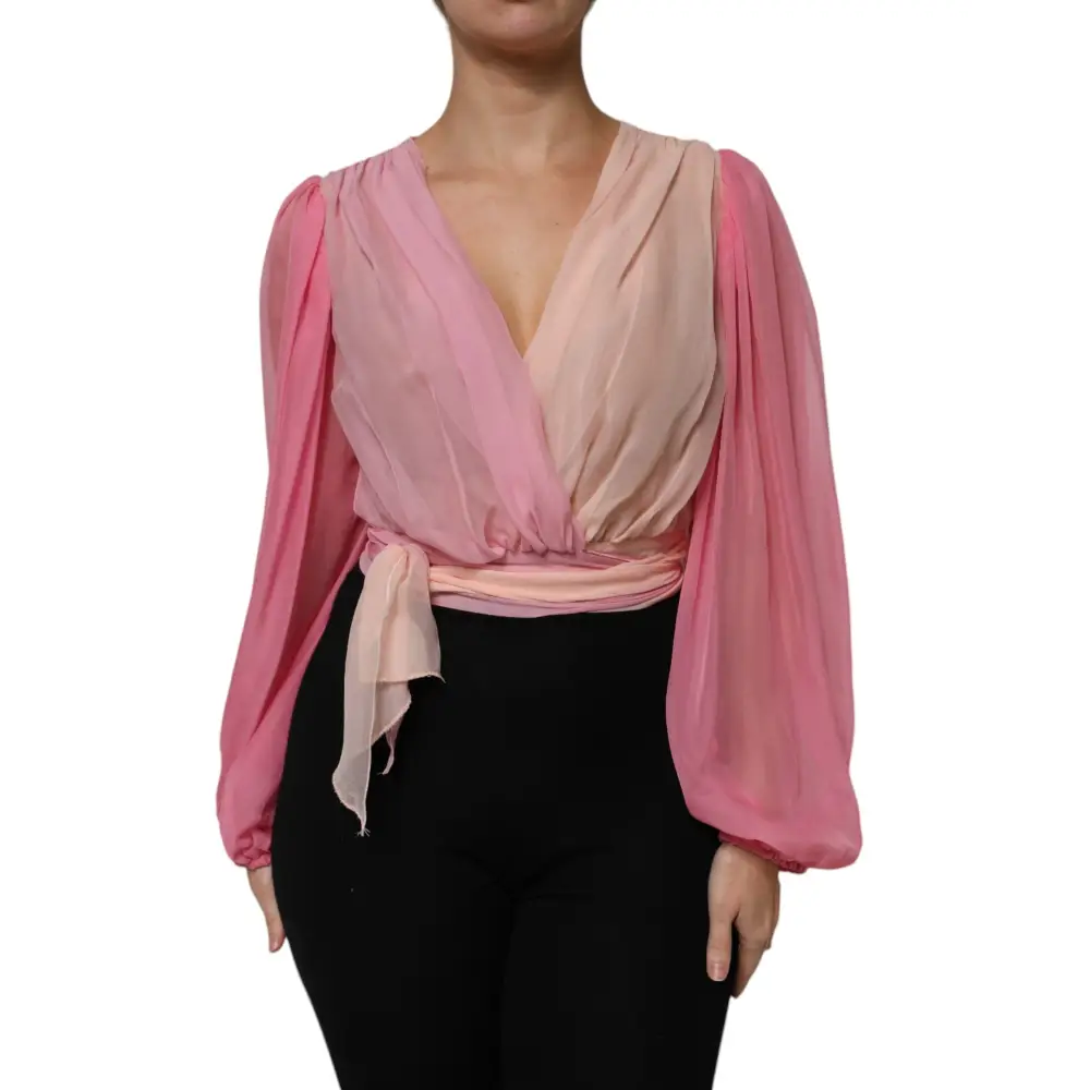 Dolce & Gabbana Pink Plunging V-neck Long Sleeves Blouse Top - Bluser