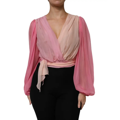 Dolce & Gabbana Pink Plunging V-neck Long Sleeves Blouse Top - Bluser