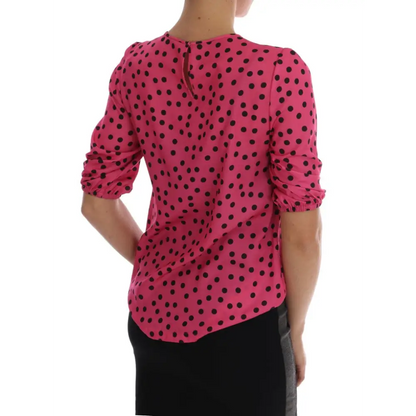Dolce & Gabbana pink polka-dotted silk blouse med sorte prikker og ruchede ærmer. Spar 30-70% på 100% originale brands
