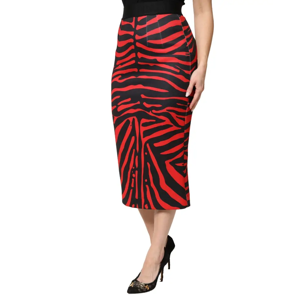 Dolce & Gabbana Red Black Zebra Print Polyester Pencil Midi Skirt