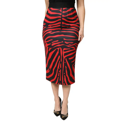 Dolce & Gabbana Red Black Zebra Print Polyester Pencil Midi Skirt