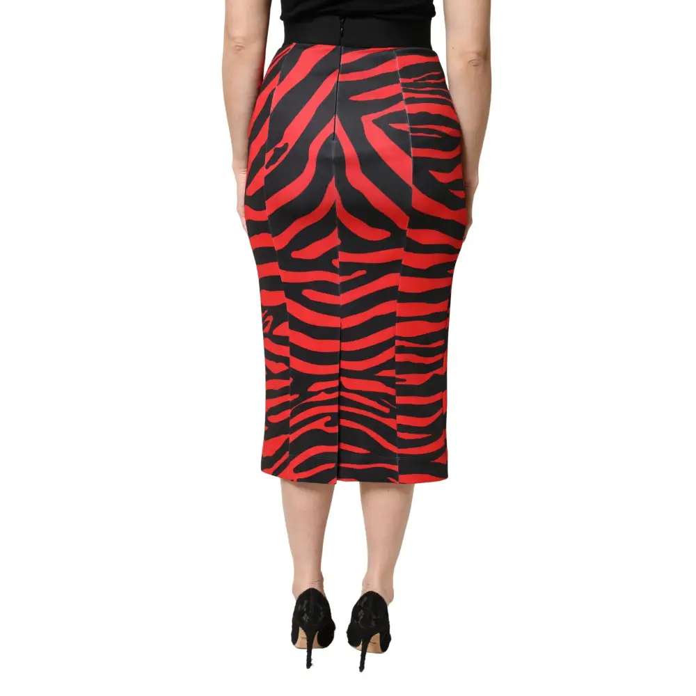 Dolce & Gabbana Red Black Zebra Print Polyester Pencil Midi Skirt