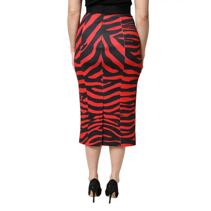 Dolce & Gabbana Red Black Zebra Print Polyester Pencil Midi Skirt