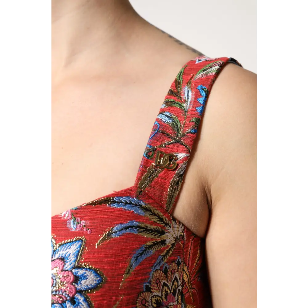 Rød blomstret Dolce & Gabbana cropped bustier med guld-logo spænde