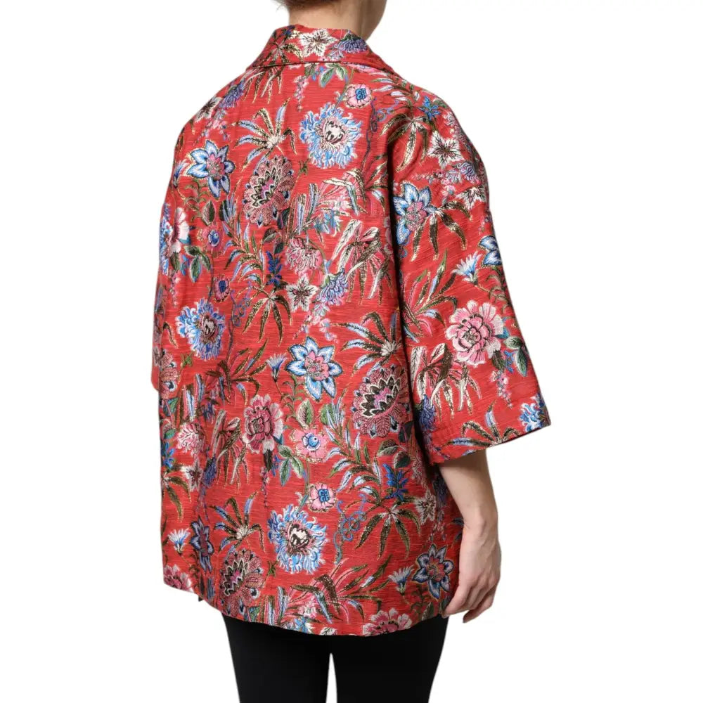 Dolce & Gabbana Red Floral Jacquard Button Down Coat Jacket
