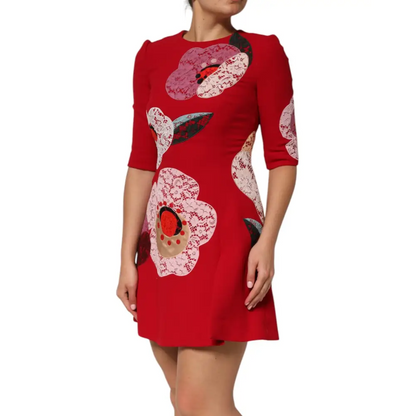 Dolce & Gabbana red lace floral applique A-line mini dress with vibrant floral details
