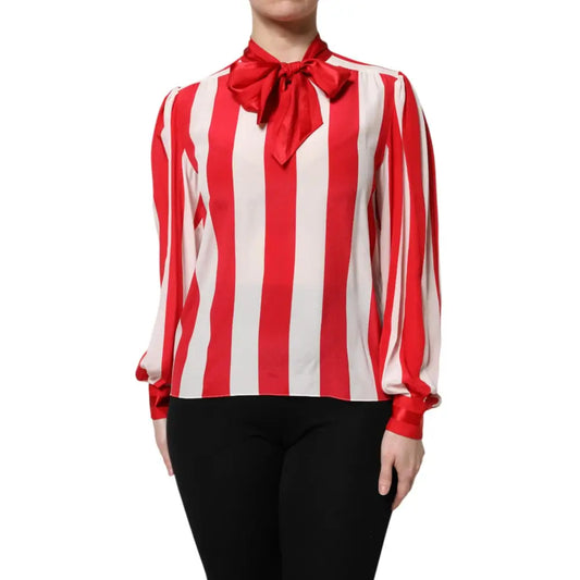 Dolce & Gabbana Red White Stripes Ascot Collar Blouse Top