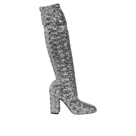 Dolce & Gabbana Shoes Silver Sequins Glitter High Heel Boot Shoes