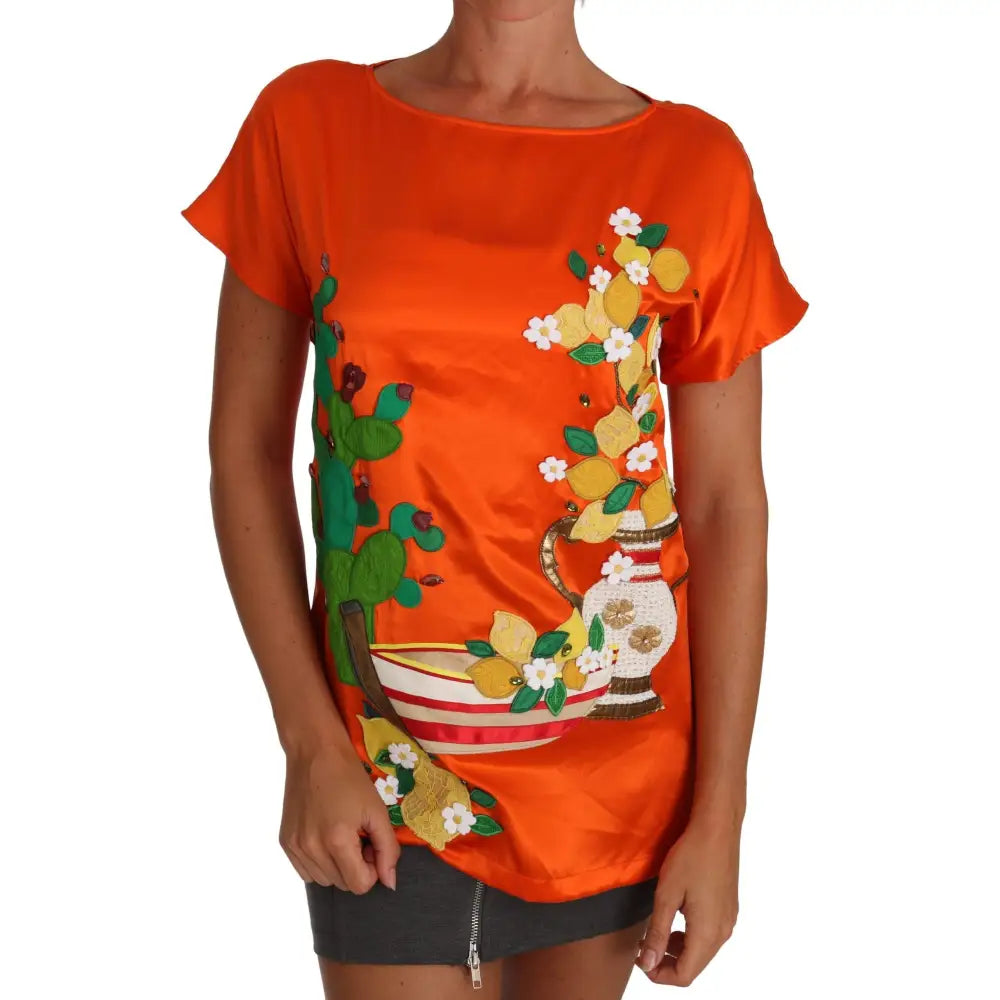 Dolce & Gabbana Silk Orange Lemon Crystal T-shirt Top