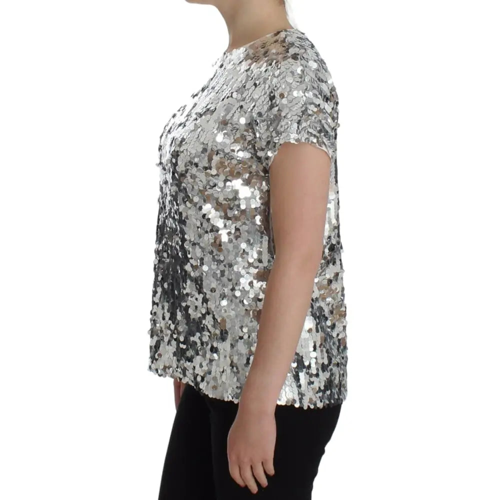 Dolce & Gabbana Silver Sequined Crewneck Blouse T-shirt Top