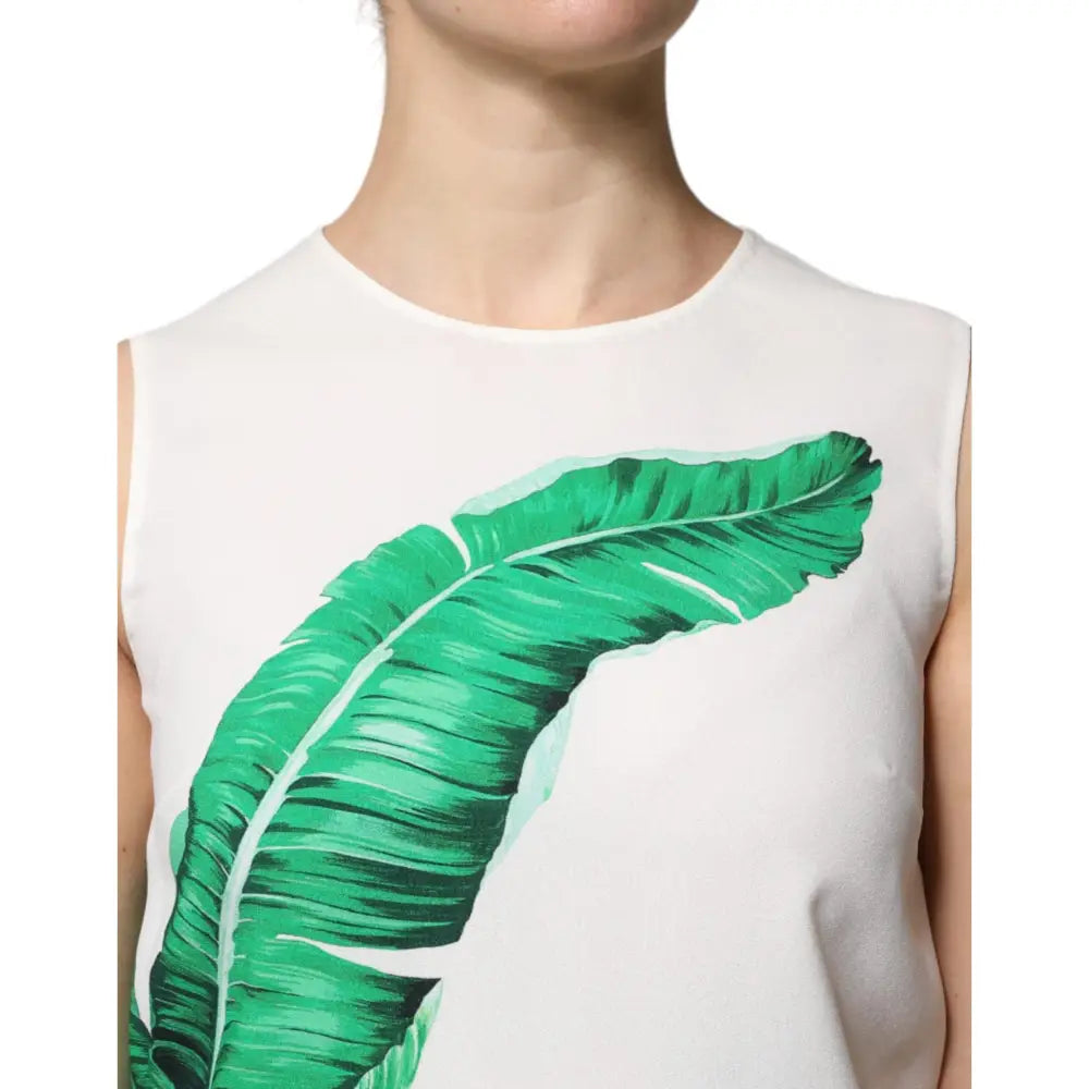 Dolce & Gabbana White Banana Leaf Print Round Neck Tank Top