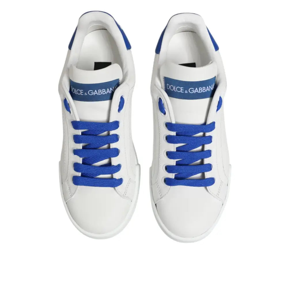 Dolce & Gabbana White Blue Leather Low Top Sneakers Shoes
